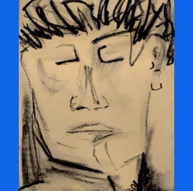 Schwarz-weiß Skizze eines nachdenklichen Gesichts mit geschlossenen Augen vor blauem Rand.